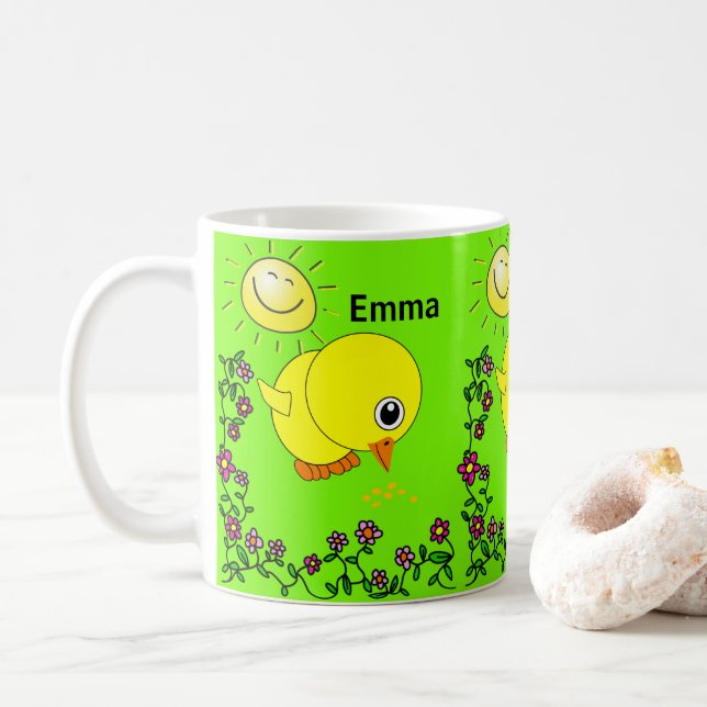Green Yellow Chicks Floral Mug (With Donut)