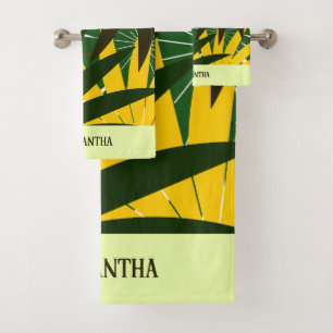 Green Yellow Cream Abstract Geometric leaves Bath Towel Set