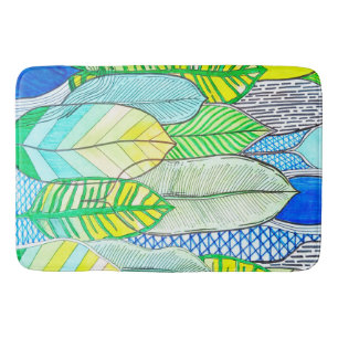 Green Yellow Cute Modern Tropical Boho Leaves Bath Mat