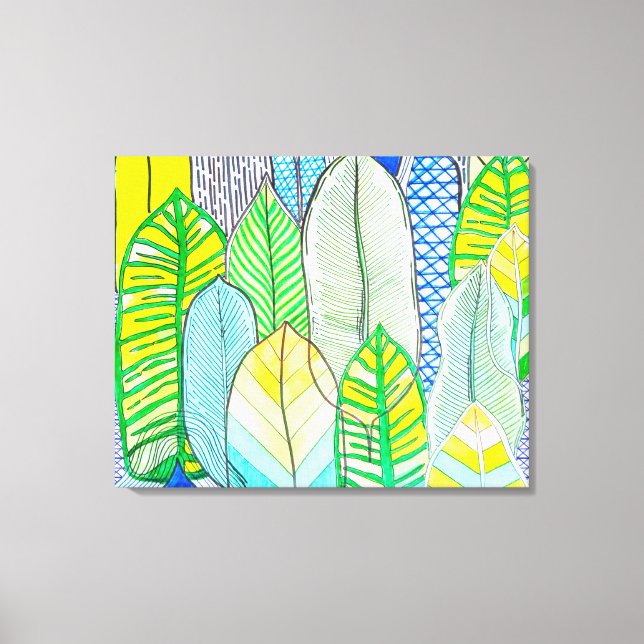 Green Yellow Cute Modern Tropical Boho Leaves Canvas Print (Front)