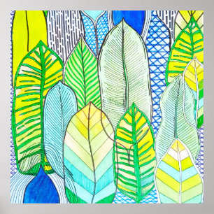 Green Yellow Cute Modern Tropical Boho Leaves Poster