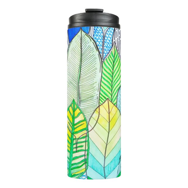 Green Yellow Cute Modern Tropical Boho Leaves Thermal Tumbler (Front)