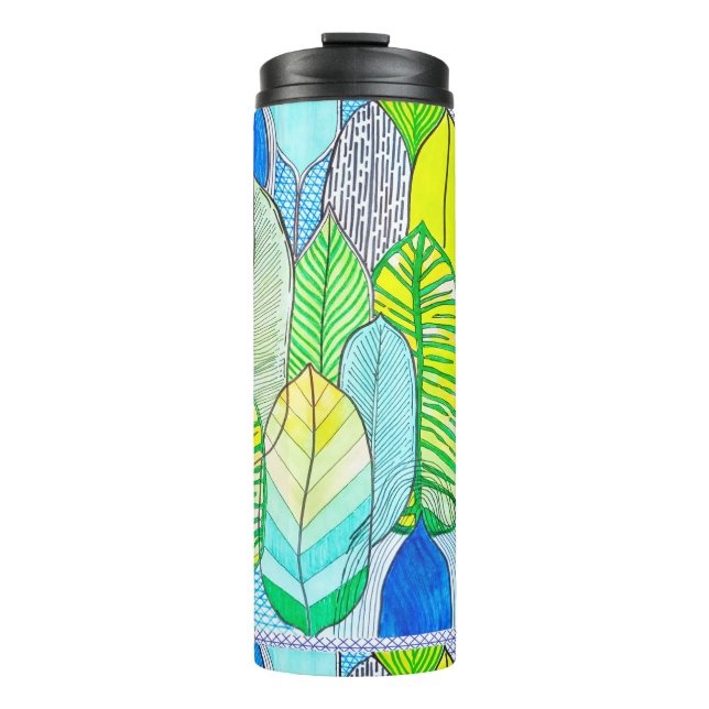 Green Yellow Cute Modern Tropical Boho Leaves Thermal Tumbler (Front)