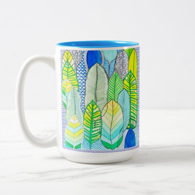 Green Yellow Cute Modern Tropical Boho Leaves Two-Tone Coffee Mug (Left)