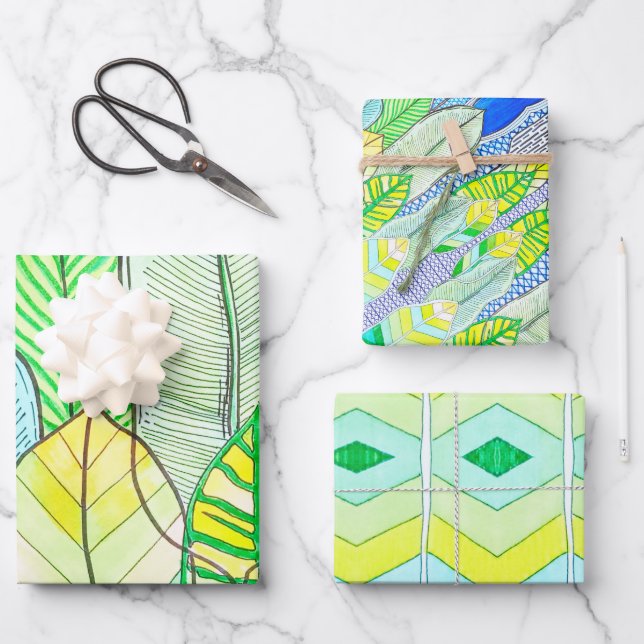 Green Yellow Cute Modern Tropical Boho Leaves Wrapping Paper Sheet (Front)