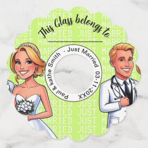 green yellow doctor cartoon WEDDING stethosco Wine Glass Tag