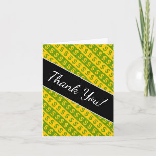 Green & Yellow Dollar Signs ($) Striped Pattern Thank You Card