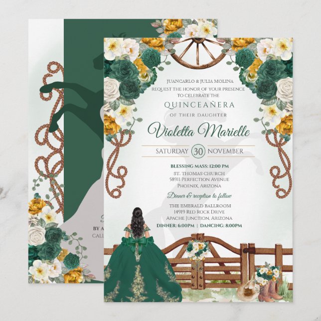 Green & Yellow Elegant Western Charro Quinceanera Invitation (Front/Back)