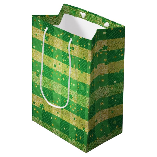 GREEN & YELLOW GLITTER LOOK IRISH PLAID PATTERN MEDIUM GIFT BAG (Front Angled)