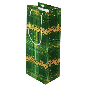 GREEN & YELLOW GLITTER LOOK IRISH PLAID PATTERN WINE GIFT BAG