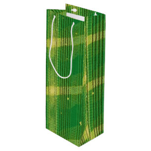 GREEN & YELLOW GLITTER LOOK IRISH PLAID PATTERN WINE GIFT BAG