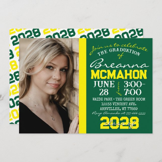 Green & Yellow Graduation Photo Invitation (Front/Back)