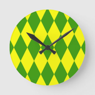 Green Yellow Harlequin Checkered Design Round Clock