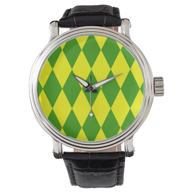 Green Yellow Harlequin Checkered Design  Watch (Front)