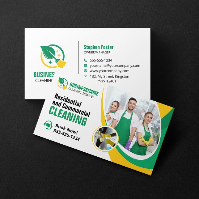 Green Yellow House Cleaning Housekeeping Maid  Business Card (Creator Uploaded)