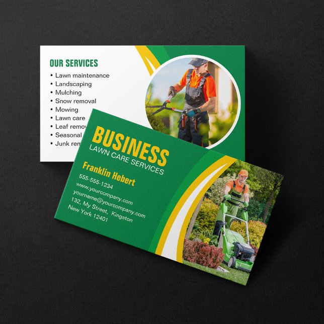 Green Yellow Lawn Care Landscaping Mowing Business Card (Creator Uploaded)