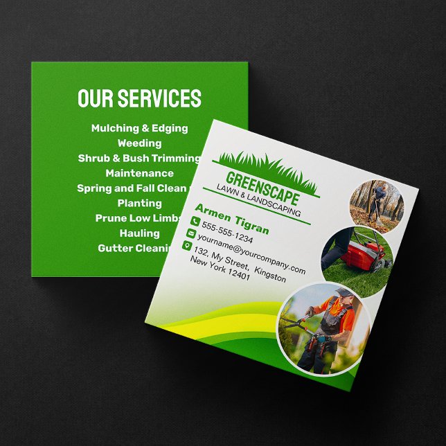 Green Yellow Lawn Care, Mowing and Landscaping Square Business Card (Creator Uploaded)