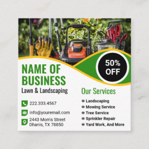 Green Yellow Lawn Mower Landscaping Service Square Business Card