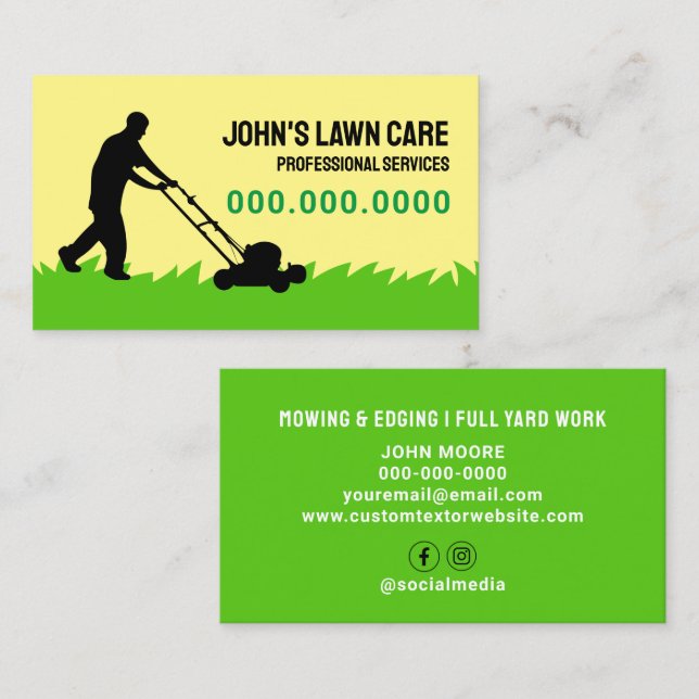 Green Yellow Lawn Mowing Business Card (Front/Back)