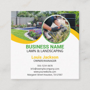 Green & Yellow Lawn Service Modern Eye-catching Square Business Card