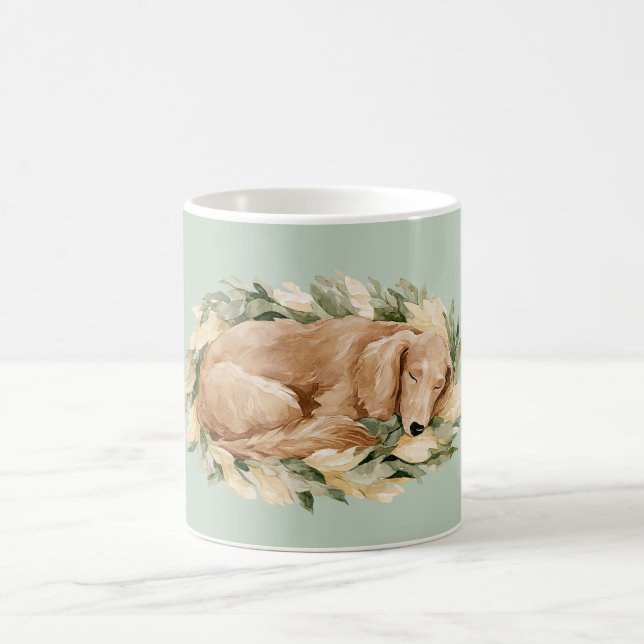 Green Yellow Leaves Fall Sleeping Dog  Coffee Mug (Center)