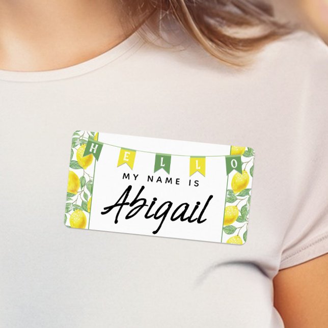 Green + Yellow Lemon Tree Hello My Name Is Sticker (Fun Bunting Banner Lemons Wedding / Baby Shower Name Tag)