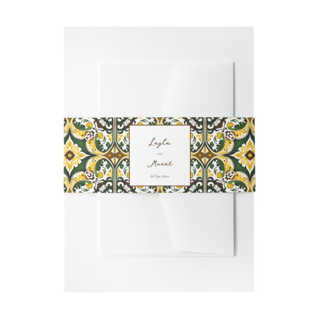 Green yellow Mediterranean ornate tile wedding Invitation Belly Band (Front Example)