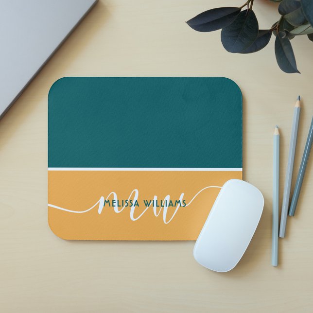 Green & Yellow Minimalist Script Monogram Name Mouse Mat (Creator Uploaded)
