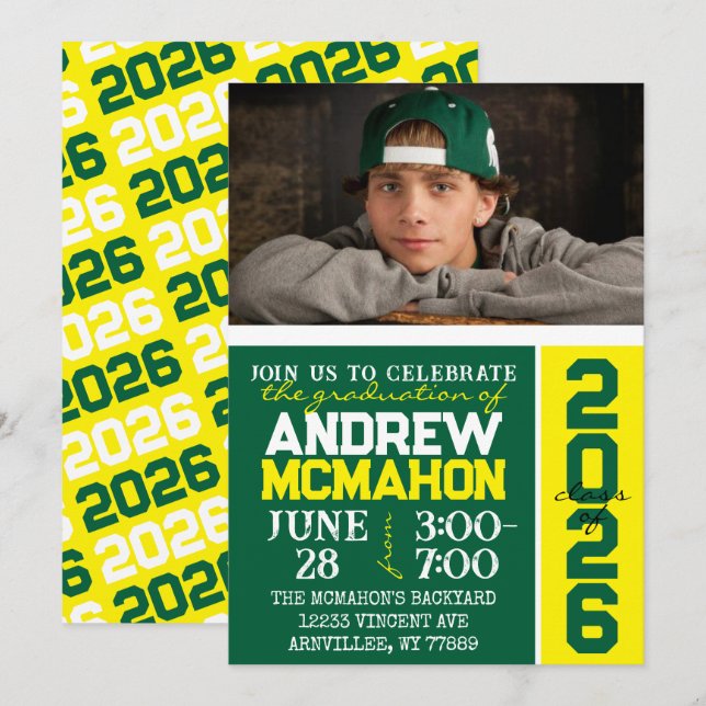 Green & Yellow Modern Graduation Photo Invitation (Front/Back)