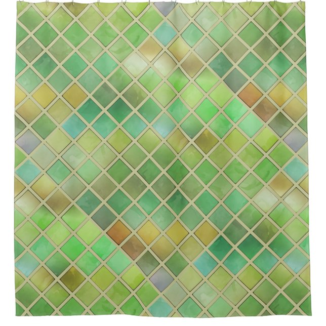 Green Yellow Mosaic Design Shower Curtain (Front)