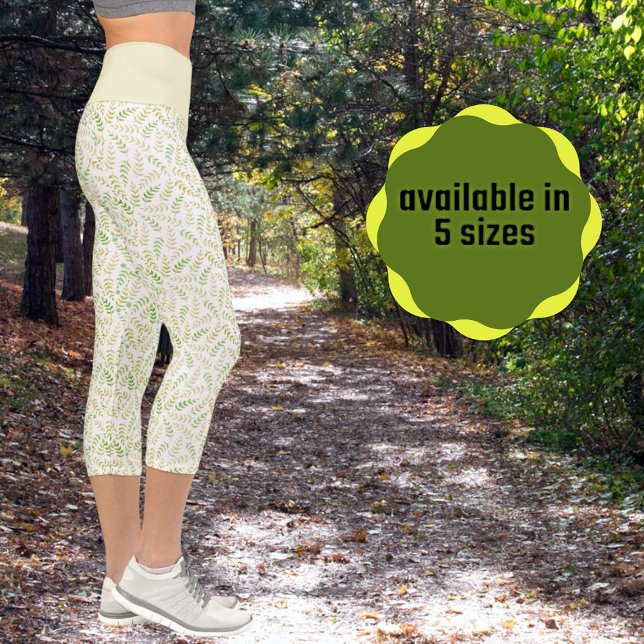 Green Yellow Nature Fern Leaf Pattern On White Capri Leggings (side view)