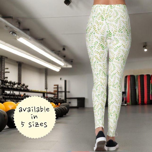 Green Yellow Nature Fern Leaf Pattern On White Leggings (back view leaf pattern leggings)