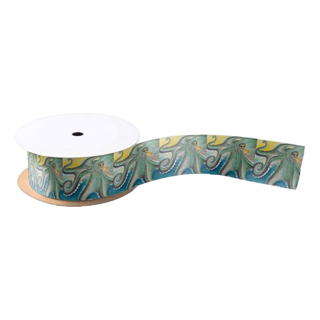 Green Yellow Octopus Watercolor Art Satin Ribbon (Spool)