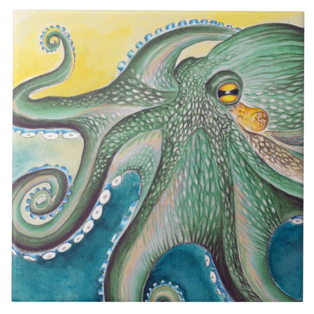 Green Yellow Octopus Watercolor Art Tile (Front)
