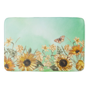 Green Yellow Ombre Watercolor Background Sunflower Bath Mat