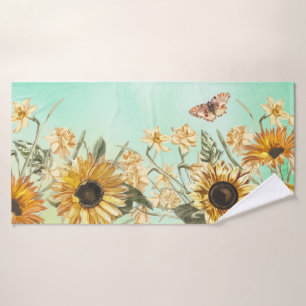 Green Yellow Ombre Watercolor Background Sunflower Bath Towel Set
