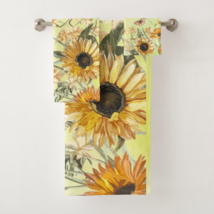 Green Yellow Ombre Watercolor Background Sunflower Bath Towel Set