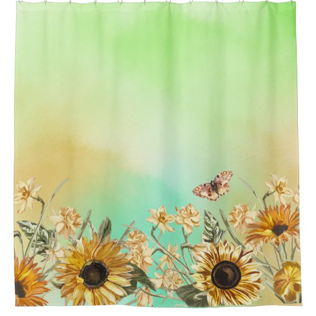 Green Yellow Ombre Watercolor Background Sunflower Shower Curtain (Front)