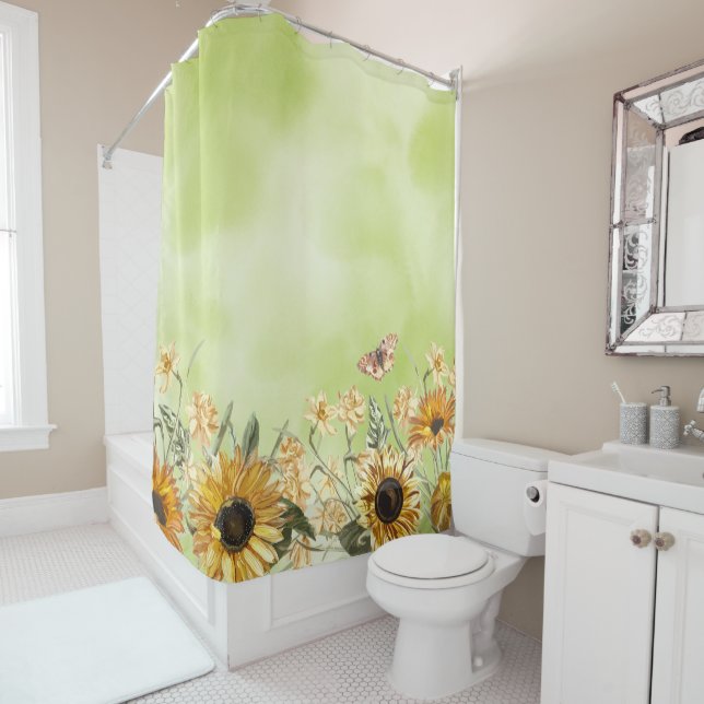 Green Yellow Ombre Watercolor Background Sunflower Shower Curtain (In Situ)