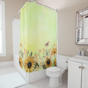 Green Yellow Ombre Watercolor Background Sunflower Shower Curtain