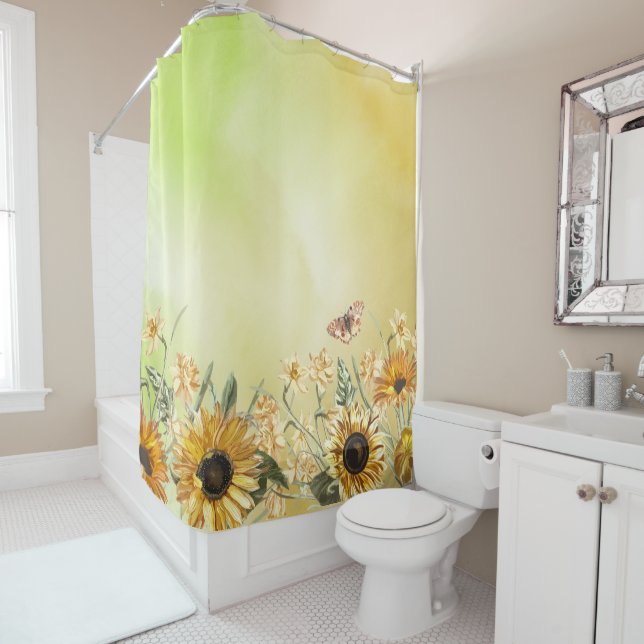Green Yellow Ombre Watercolor Background Sunflower Shower Curtain (In Situ)