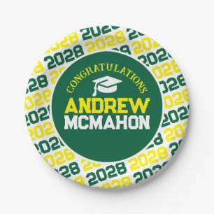 Green & Yellow on White Graduation Personalised Paper Plate