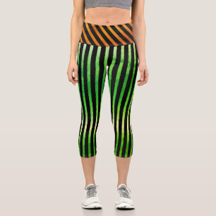 Green Yellow Orange Geometric Stripes Capri Leggings