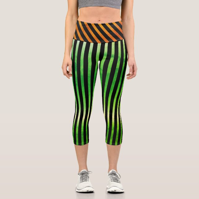 Green Yellow Orange Geometric Stripes  Capri Leggings (Front)