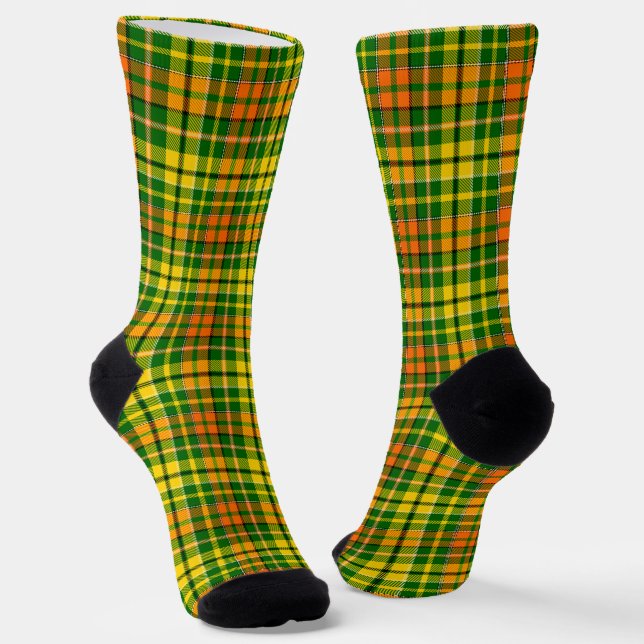 Green Yellow Orange Plaid Tartan Design  Socks (Angled)