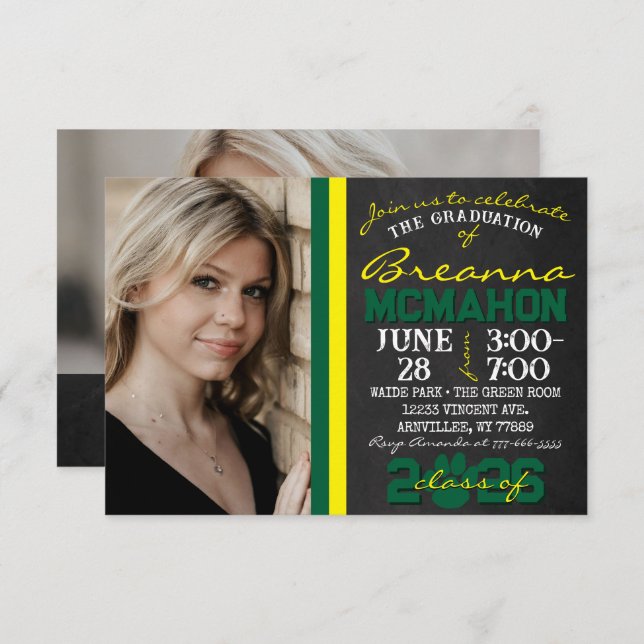 Green & Yellow Paw Print Graduation 2 Photo Invitation (Front/Back)