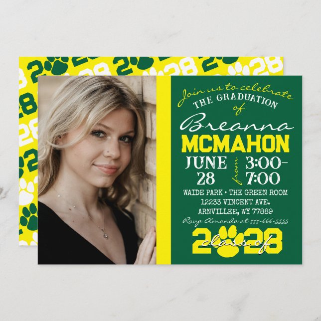 Green & Yellow Pawprint Graduation Photo Invitation (Front/Back)