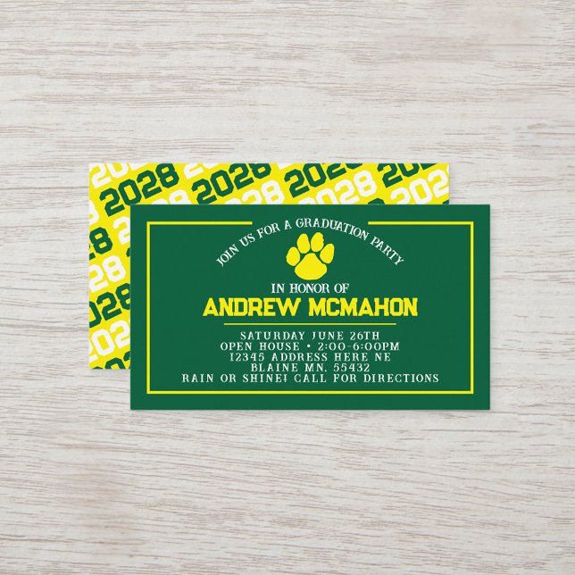 Green & Yellow Pawprint Mini Graduation Invites (Green & Yellow Pawprint Mini Graduation Invites for Friends, Team Mates or as Inserts!)