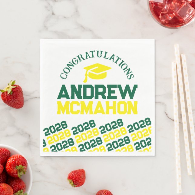 Green & Yellow Personalised Graduation Party Paper Napkin (Insitu)