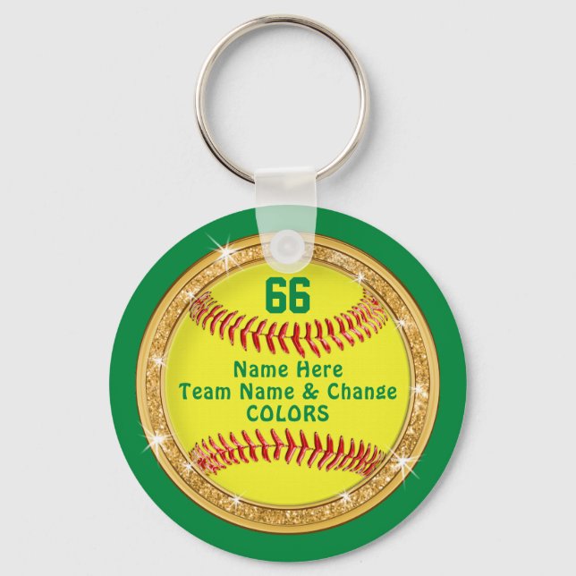 Green Yellow Personalised Softball Team Gift Ideas Key Ring (Front)